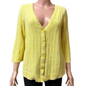 Christopher & Banks Yellow Knit Button Up Cardigan 3/4 Sleeves V-Neck